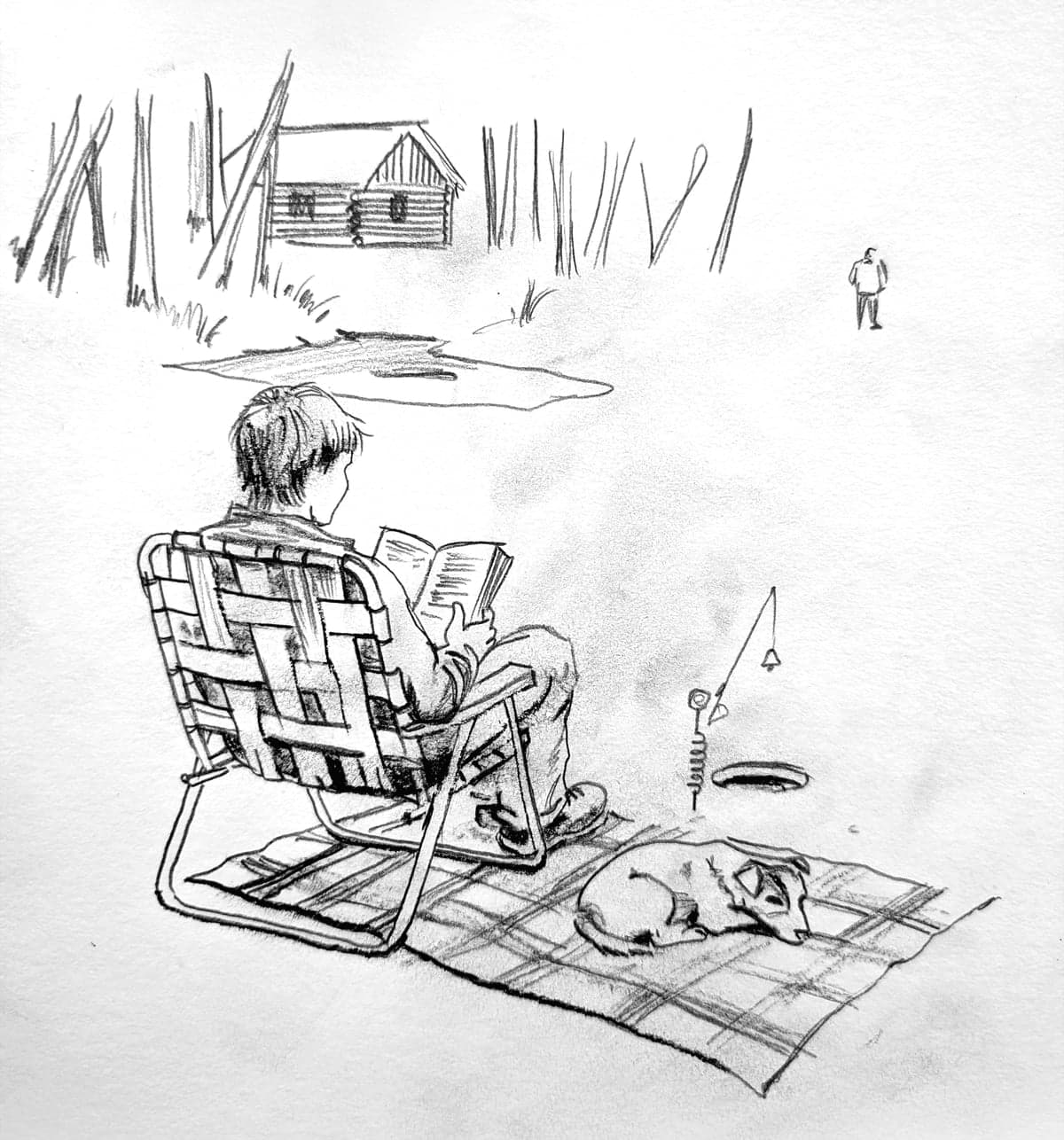 Mark reads in a lawn chair on the frozen lake while Mrs. Henry naps on a blanket beside him, a fishing rod in the ice hole nearby and Mr. Erikson's cabin in the distance.